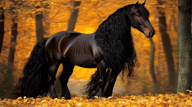 A majestic black horse stands amidst autumn foliage.
