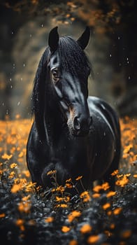 A majestic black horse stands amidst vibrant orange flowers.