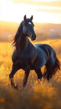 A majestic black horse stands in a golden field at sunset.
