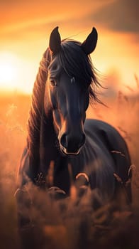 A majestic black horse stands in a sunlit field at sunset.