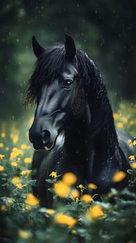 A majestic black horse surrounded by vibrant yellow flowers in nature.