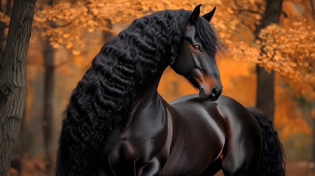 A majestic black horse with a flowing mane in an autumn forest.