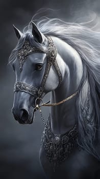 A majestic gray horse adorned with intricate silver accessories.