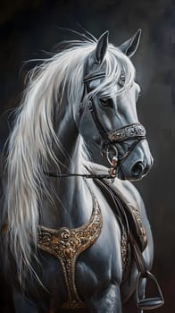 A majestic gray horse with a flowing mane and ornate bridle.
