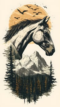 A majestic horse silhouette against mountains and a sunset backdrop.