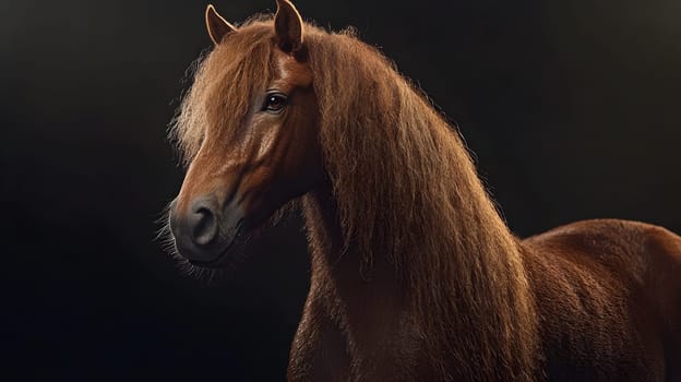 A majestic horse with a flowing mane against a dark background.