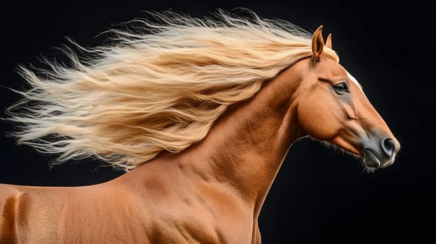A majestic horse with flowing mane against a dark background.