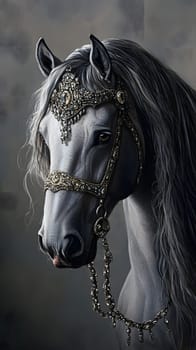 A majestic white horse adorned with intricate jewelry and harness.