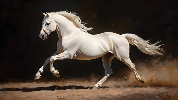 A majestic white horse galloping gracefully in a dynamic pose.