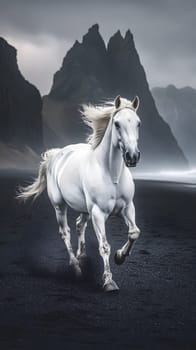 A majestic white horse galloping on a dark beach landscape.