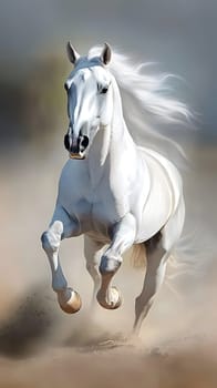 A majestic white horse galloping through a blurred landscape.