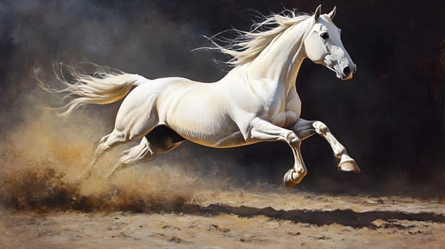 A majestic white horse galloping through a dusty landscape.