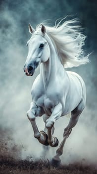 A majestic white horse galloping through misty surroundings.