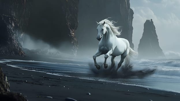 A majestic white horse gallops along a misty beach landscape.