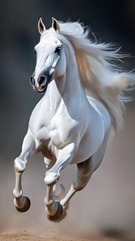 A majestic white horse galloping with flowing mane in a dynamic pose.