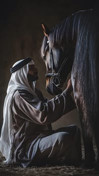 A man in traditional attire interacting gently with a horse.