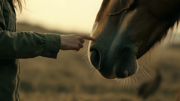 A person gently touching a horse's nose in a serene outdoor setting.
