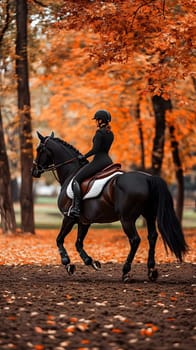 A rider in black attire gracefully rides a horse through autumn foliage.