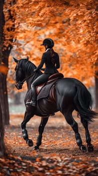 A rider on a black horse amidst autumn foliage.