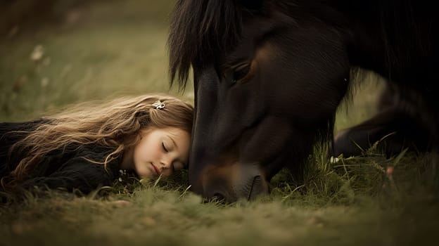A serene moment between a girl and a horse in a natural setting.