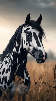 A striking portrait of a spotted horse in a golden field.
