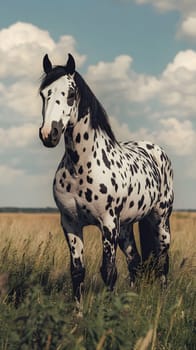 A striking spotted horse stands majestically in a grassy field.
