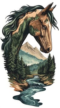 A stylized horse head formed by natural landscapes and a river.