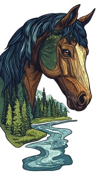 A stylized horse head intertwined with trees and a flowing river.
