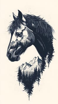 A stylized horse head merging with mountains and trees.