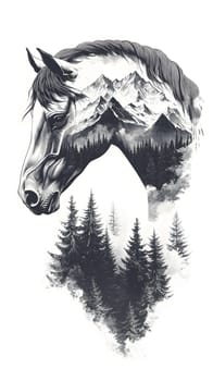 A stylized horse silhouette with mountains and trees integrated.