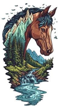A surreal illustration of a horse's head merging with mountains and water.