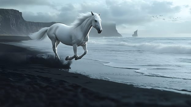 A white horse galloping along a dark beach by the ocean.