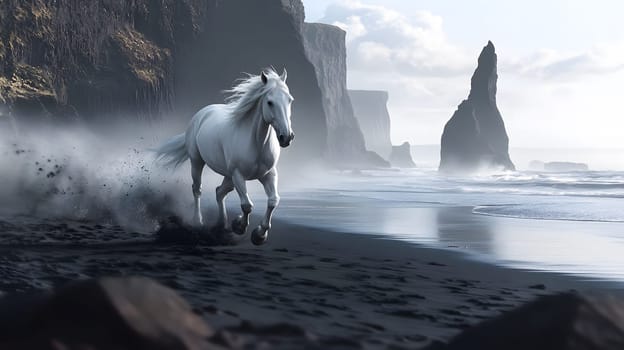 A white horse galloping along a misty beach with cliffs in the background.