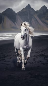 A white horse galloping on a black sand beach with mountains behind.