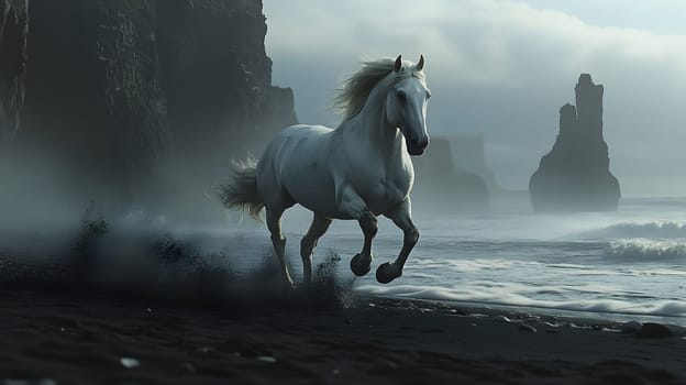 A white horse gallops along a misty beach at dawn.
