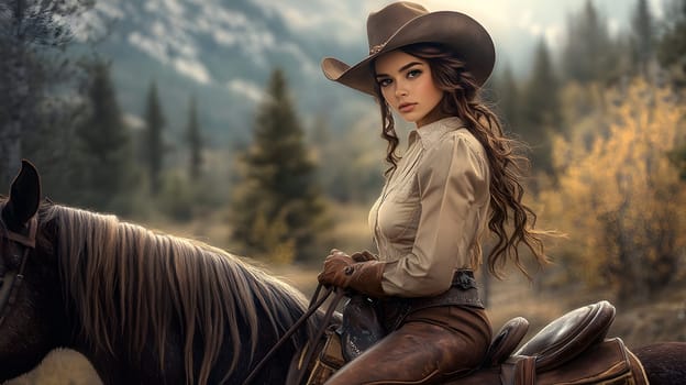 A woman in cowboy attire poses on a horse in a scenic landscape.