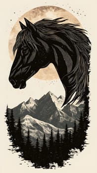 Artistic depiction of a horse's head against a mountain landscape.