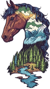 Artistic horse silhouette filled with mountains and forests.
