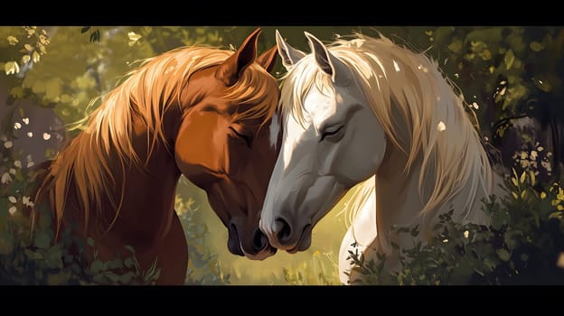 Two horses gently touching heads in a serene forest setting.