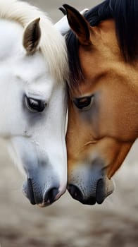 Two horses gently touching their foreheads in a serene moment.