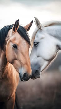 Two horses nuzzle affectionately in a serene outdoor setting.