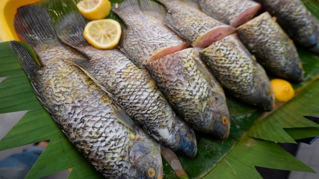 Whole range Guorami fish some kind of tilapia fish prepared for cooking or sale in supermarket are neatly arranged on banana leaves and garnished with lemons, this setup highlights seafood, tropical cuisine, and fresh ingredients for meals.