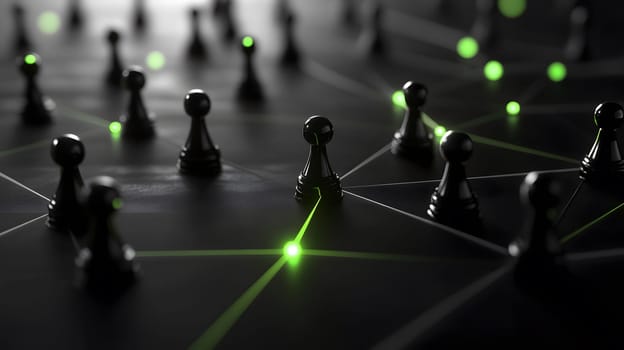 A close-up of chess pieces on a dark surface with glowing connections.