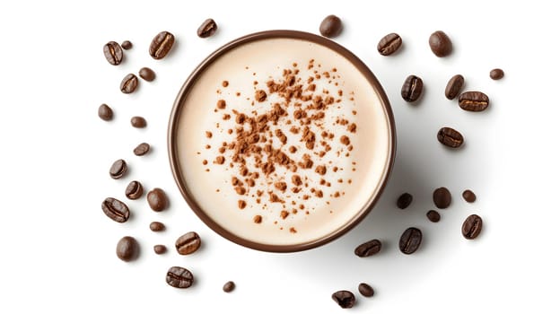 A creamy beverage topped with cocoa powder and surrounded by coffee beans.