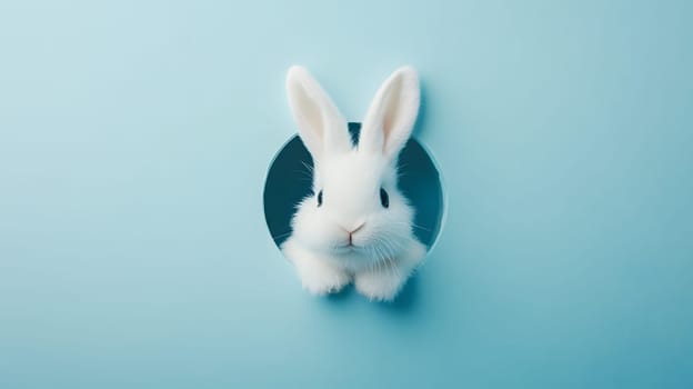 A cute white rabbit peeking through a circular hole against a blue background.