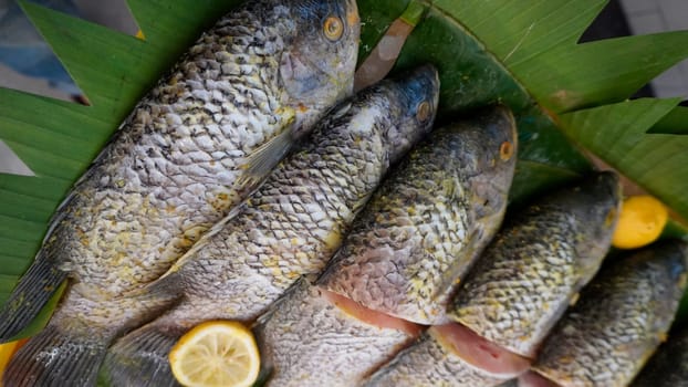 Whole range Guorami fish some kind of tilapia fish prepared for cooking or sale in supermarket are neatly arranged on banana leaves and garnished with lemons, this setup highlights seafood, tropical cuisine, and fresh ingredients for meals.