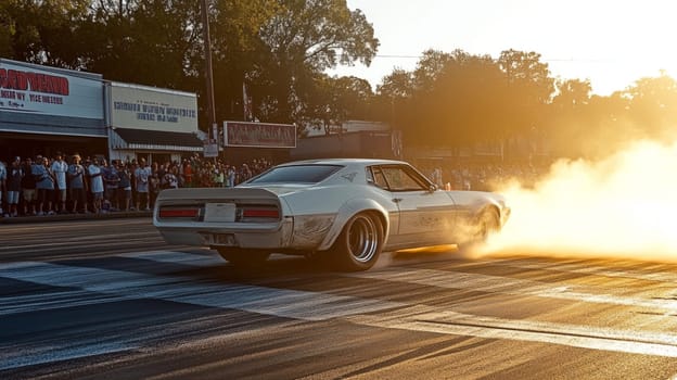 White muscle car revs its engine, burning rubber at a drag race as spectators cheer, energized by the speed and competition at sunset