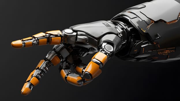 A futuristic robotic hand in a gesture of peace or interaction.