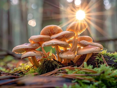 Red and white spotted fly agaric mushrooms growing in the grass by a tree trunk, illuminated by warm sunlight shining through the trees