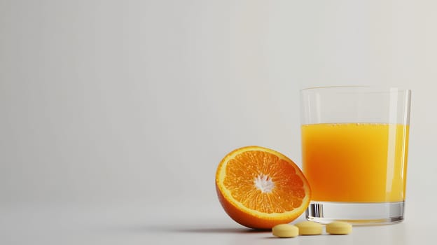 A glass of orange juice with a sliced orange and tablets nearby.